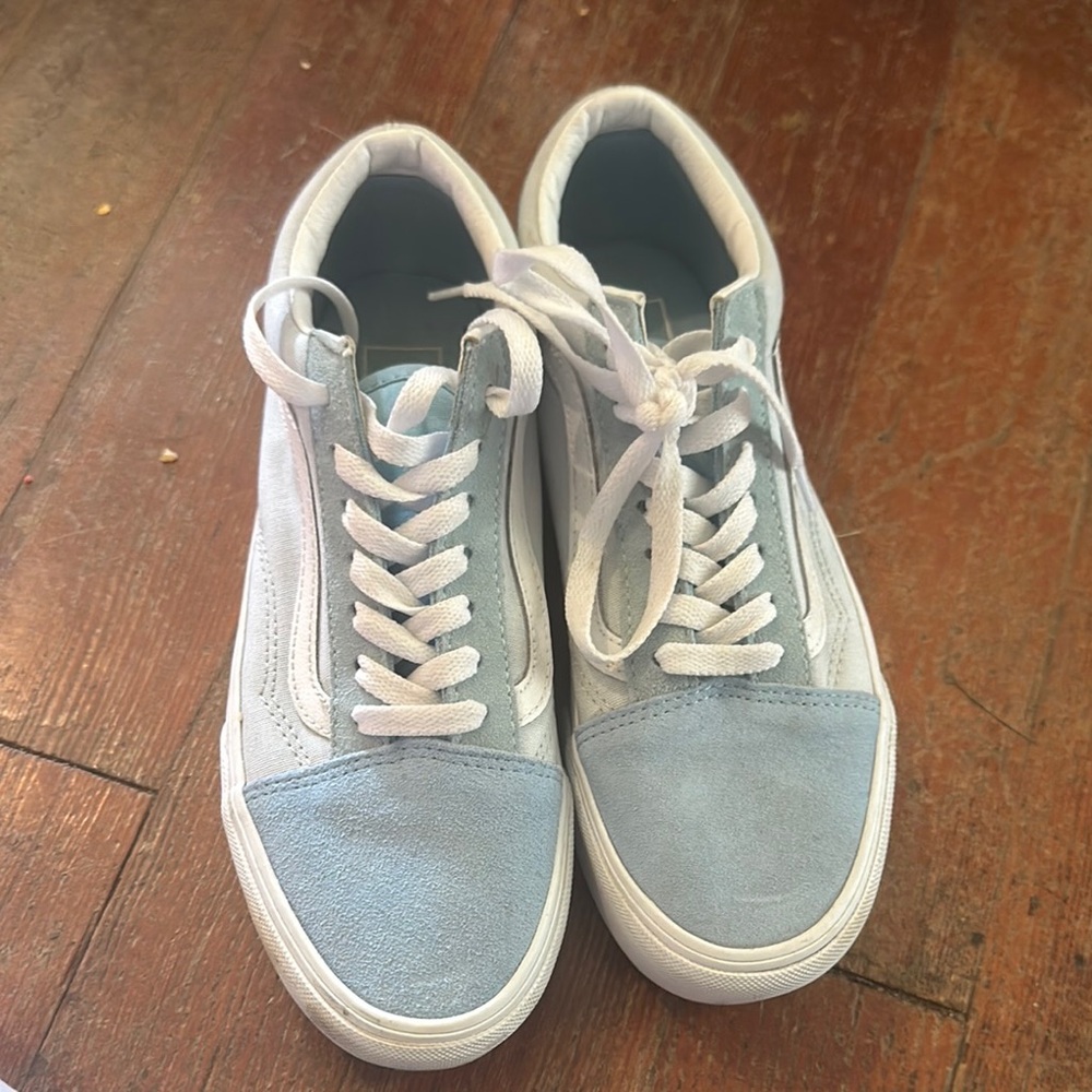 Light Blue and white platform vans